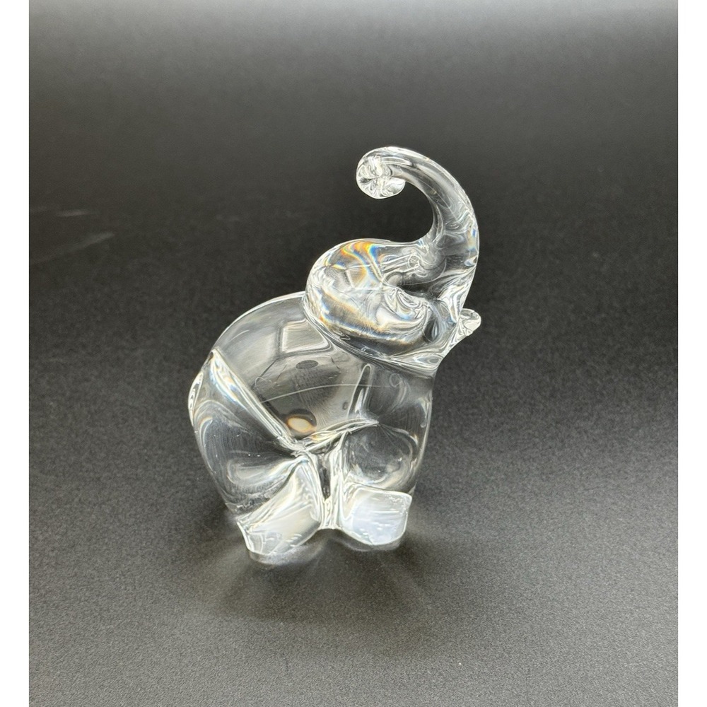 Clear Art Glass Elephant Figurine Studio‎ Glass Marked Base Sculpture Trunk Up